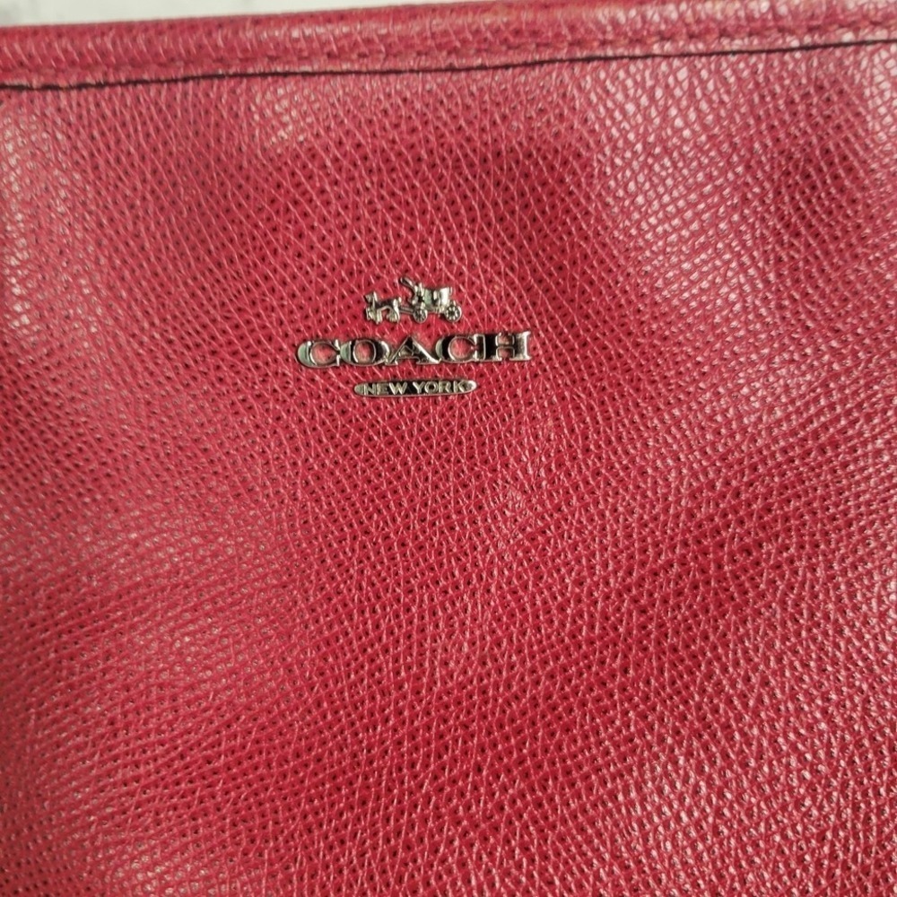 Coach Red Pebbled Leather Signature Canvas Tote Bag Silver Hardware - Picture 2 of 12
